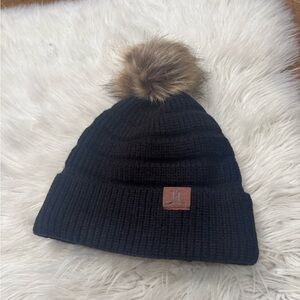 Black Knit Beanie with Brown Pom Pom